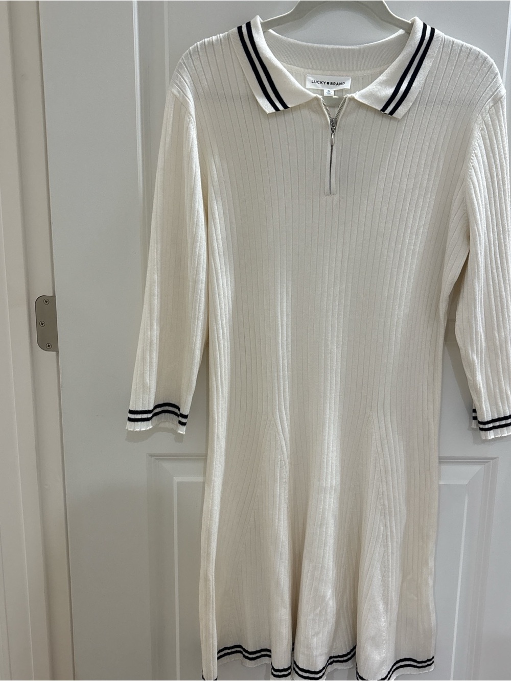 Lucky Brand Ivory Ribbed Polo Sweater Dress with Black Trim
